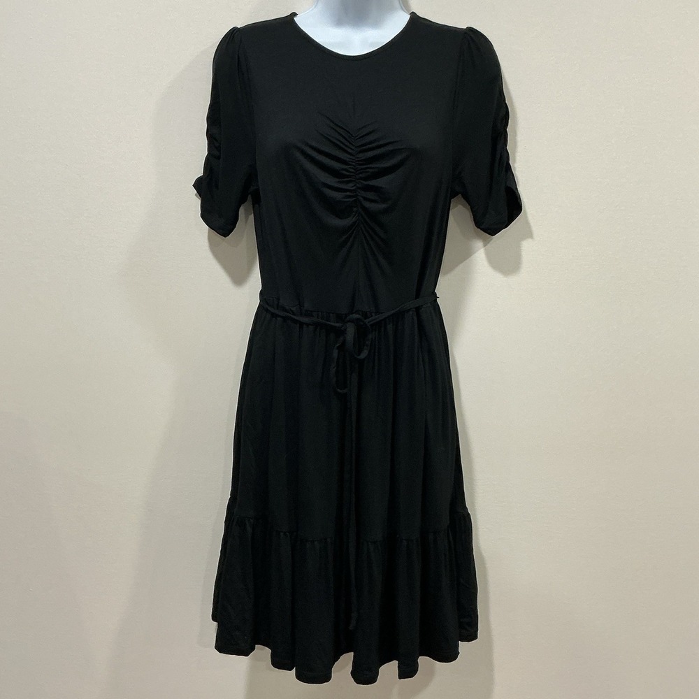 NWT Boden Ruched‎ Front Jersey Tiered Dress Puff Sleeves Black Size US 6 L